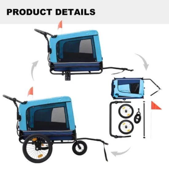 2-in-1 Bike Trailer & Push Cart for Pets - Detachable Bike Hitch & Push Handle Included - Holds Pets Up to 88 lbs, Blue image {4}