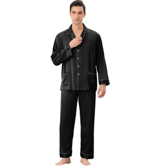 Lars Amadeus Men's Long Sleeves Button Down Satin Pajamas Set image {6}