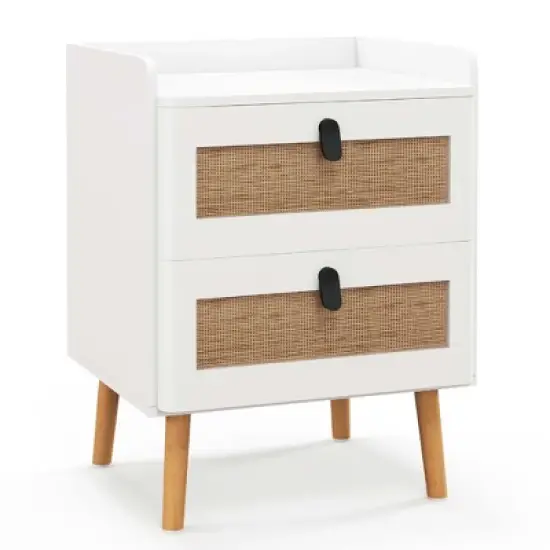 Costway Modern Nightstand End Bedside Table with 2 Rattan Drawers & Solid Wood Legs White image {9}