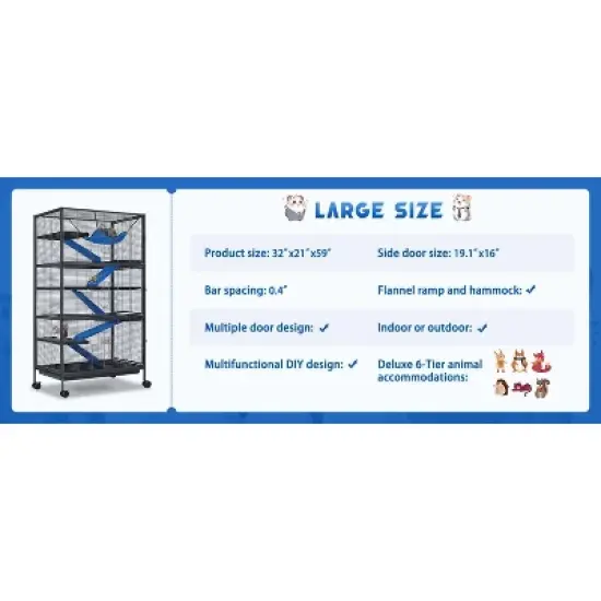 Metal Small Animal Cage, 6-Tier Ferret Cage with Removable Flannel ramps and Hammock for Chinchillas/Guinea Pig/Rabbit/Rolling Critter Nation Cage image {12}