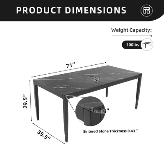 71'' Aluminum Rectangle Outdoor Dining Table for 6, Patio Table with Sintered Stone Top, Umbrella Hole, for Patio or Garden - Koiai image {3}