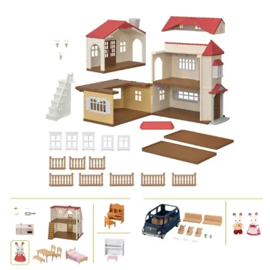 Calico Critters Red Roof Grand Mansion Gift Set, Dollhouse Playset with 3 Figures, Furniture, Vehicle and Accessories image {1}