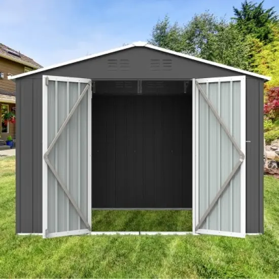 6x8ft Metal Garden Shed with Window & Hinged Door, Outdoor Storage Shed with Lock,  Weatherproof - Coolbibila image {1}
