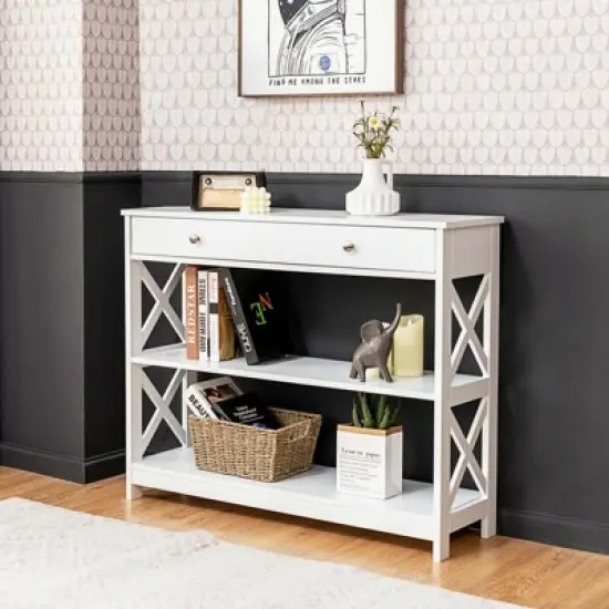 Costway 3-Tier Console Table X-Design Sofa Entryway Table with Drawer & Shelves Gray\ Espresso image {2}