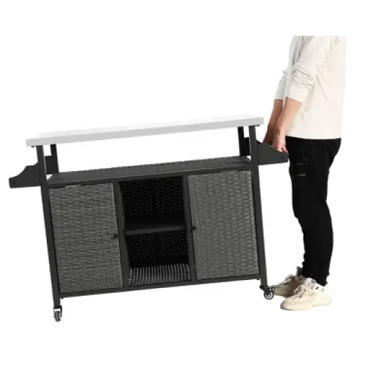 Outdoor Kitchen Wicker Island Rolling Cart & Storage Cabinet, Wheels and Stainless Steel Extended Table Top Grey image {8}