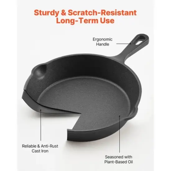 VEVOR Cast Iron Skillet, 3-Piece Frying Pan Set (6, 8, 10 in), Heavy-Duty Skillets with Heat-Resistant Handle, Pre-Seasoned Chef's Pan, Black image {5}