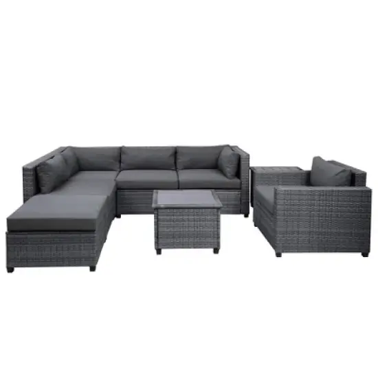 8pc Wicker Patio Conversation Set with Cushions - Gray - GODEER image {6}