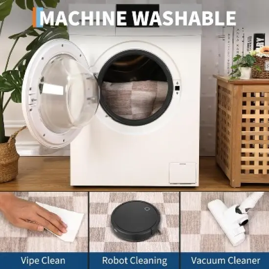 Checkered Rug Washable Rug for Living Room Non Slip Indoor Scalloped Printed Carpet Low Pile Neutral Rugs Soft Floor Cover for Bedroom Nursery image {5}