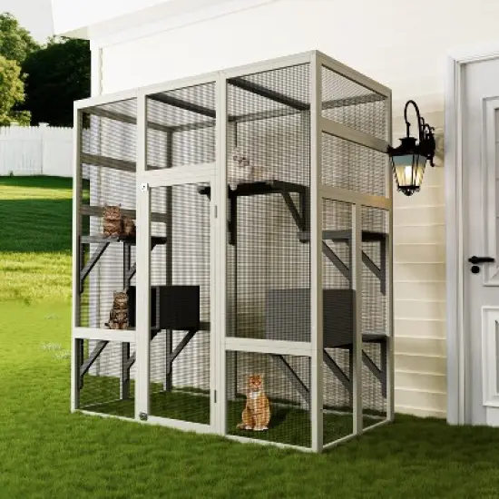 KTMBDW Cat House Outdoor Catio Kitty Enclosure with Enter Door,Wooden Cat Cage Condo Indoor Playpen with Platforms,Small House,70 Inch, Gray image {1}