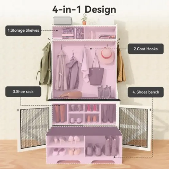 Buenhomino 4 in 1 Hall Tree Coat Rack Versatile Entryway Storage Bench Shoe Cabinet with 7 Hooks, Cubbies and Shelves,Antique White image {7}