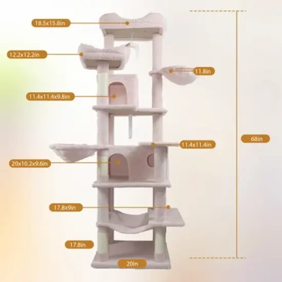 68 Inches Cat Tree Tower Multi-Level Durable Cat Scratching Post Space Saving Cat Condo Pet Play House for Indoor Cats PINK image {4}