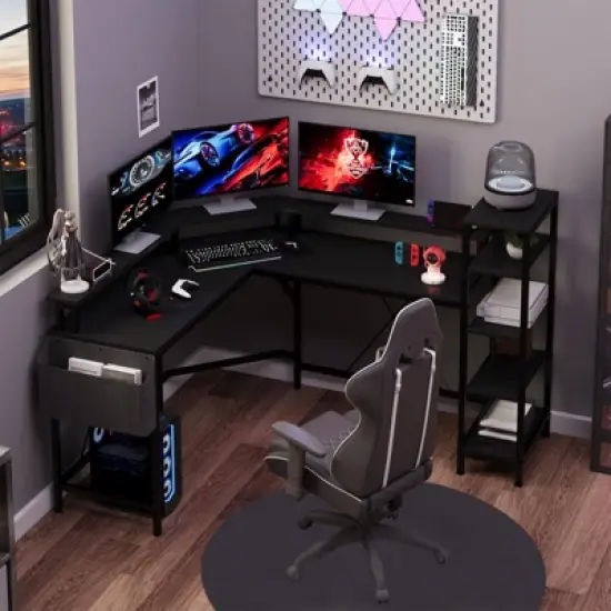 61" L Shaped Gaming Desk, with Monitor Stand, L-Shaped Corner Computer Desks, Built-in LED Lights and Side Storage Pockets, for Small Spaces image {7}