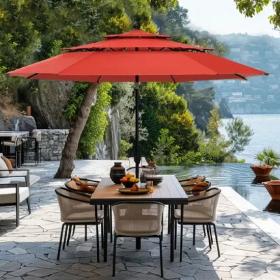 Captiva Designs 6pc Outdoor Patio Square Steel Dining Table with Stackable Metal Chairs and Market Umbrella image {11}
