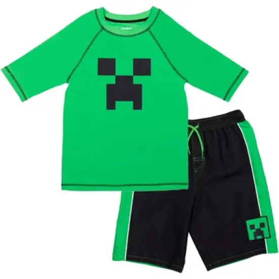 Minecraft Zombie Creeper Alex Steve Rash Guard and Swim Trunks Outfit Set Little Kid to Big Kid image {9}