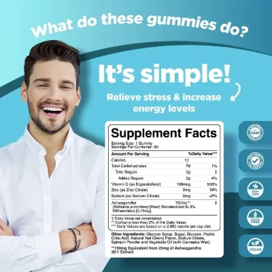 Calming Ashwagandha Gummies, Beet Root Extract with Zinc + Vitamin D, Stress Relief for Adults, Energy & Mood Support, Phytoral, 90ct image {1}