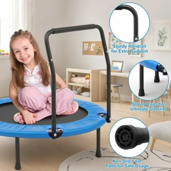 SUGIFT Kids Indoor Outdoor Trampoline with Handrail, 36" Mini Rebounder for Toddlers, Safety Pad & Foldable Design image {1}