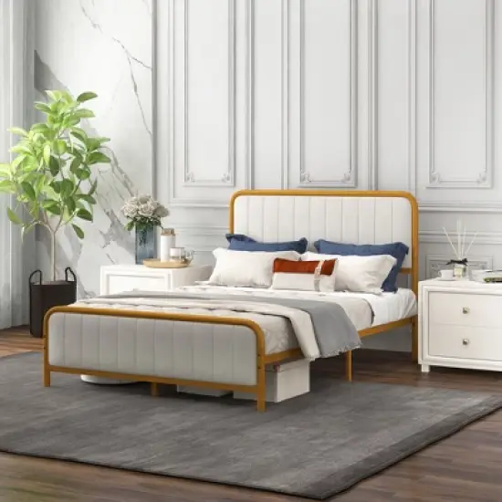 Costway Full Gold Metal Bed Frame Upholstered Platform Bed with Velvet Headboard image {4}