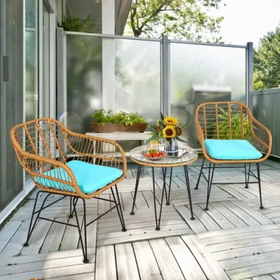 Costway 3PCS Patio Rattan Bistro Furniture Set Cushioned Chair Table image {11}