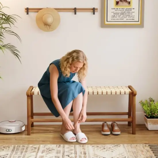 Tangkula 47" Long Teak Wood Patio Bench w/Weave Seat Solid Wood Legs Backless for Porch image {2}