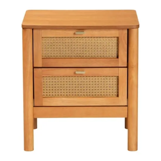 Baxton Studio Jenn Wood 2 Drawer Nightstand with Distressed Finished Rattan Golden Brown/Distressed Rattan image {5}