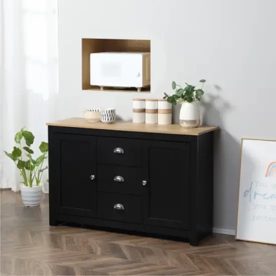 HOMCOM Kitchen Sideboard with Adjustable Shelves, Dining Buffet Cabinet with 3 Storage Drawers, Black image {1}