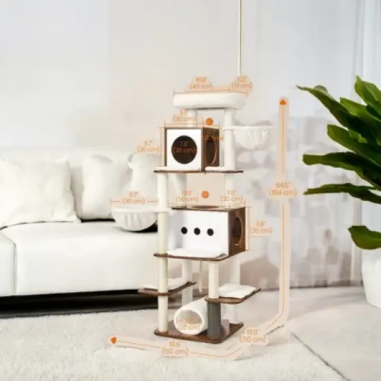 LEDREM 64.5-Inch Cat Tree Tall Cat Tower for Large Indoor, Multi-Level Cat Condo with 2 Hammocks, 4 Scratching Posts, Cat Houses, Rustic Brown image {4}