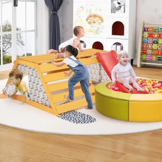 Costway 5-in-1 Indoor Jungle Gym Montessori Climbing Toys with Slide for Toddlers Wooden image {1}