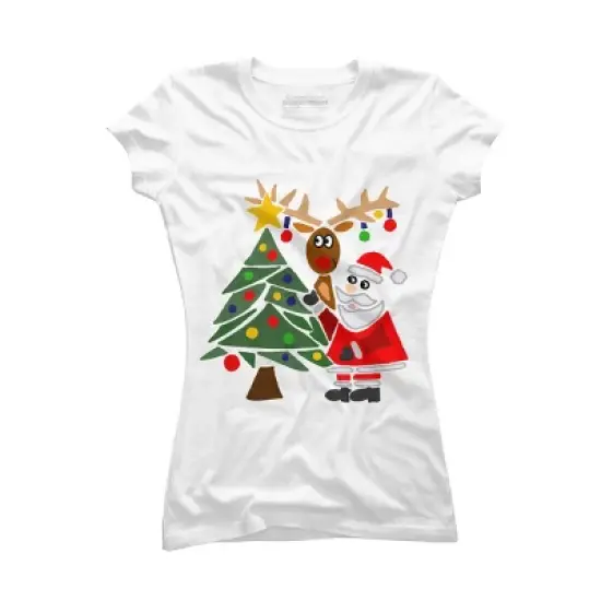 Junior's Design By Humans Funny Cute Santa Claus and Christmas Reindeer by Tree By SmileToday T-Shirt image {4}