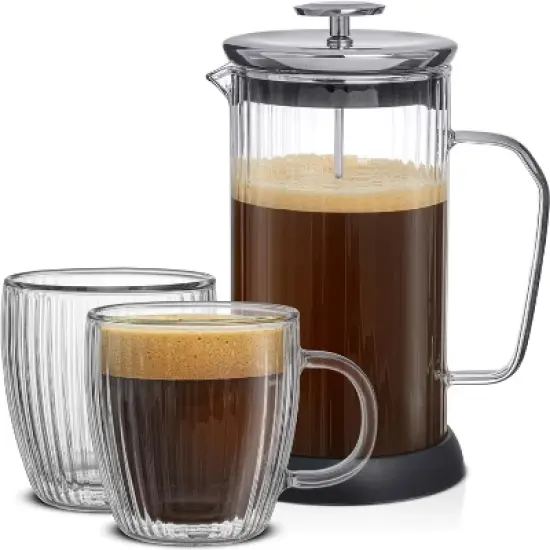 JoyJolt Fluted Coffee French Press & 2 Fluted 13.5 oz Double Walled Coffee Mugs Set image {1}