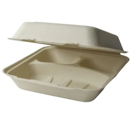Green Paper Products 9" x 9" x 3" Clamshell 3 Compartment Natural Plant Fiber - Case of 200 image {1}