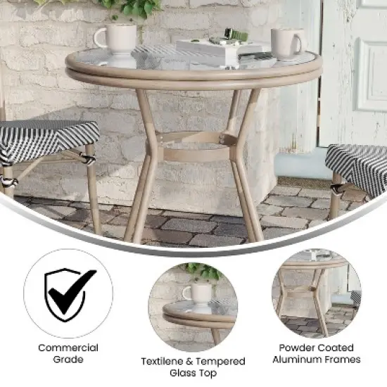 Merrick Lane Mael Bistro Style Table with Tempered Glass Top, Textilene, and Bamboo Finished Metal Frame for Indoor/Outdoor Use image {3}
