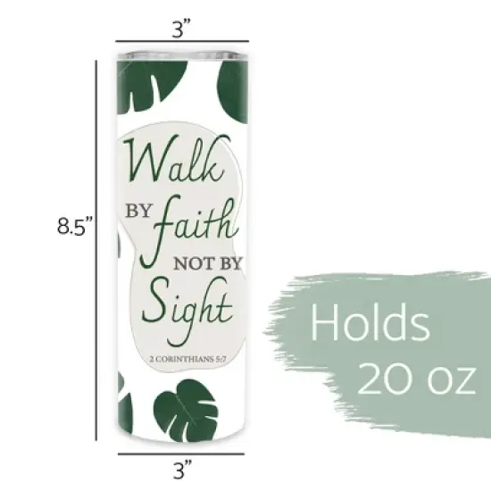 Walk By Faith Not By Sight 2 Corinthians 5:7 Green Monstera Leaf 20 ounce Stainless Steel Travel Tumbler with Lid For Your On The Go Beverages image {1}