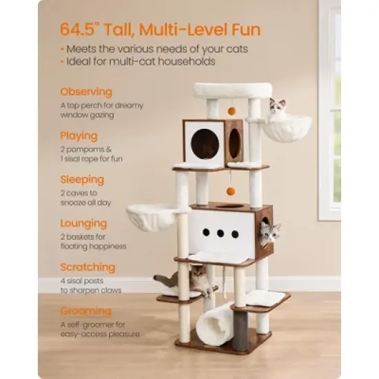 Feandrea Cat Tree, 64.5-Inch Tall Cat Tower for Large Indoor Cats, Multi-Level Cat Condo with 2 Caves, 2 Hammocks, 4 Scratching Posts,  Rustic Brown image {3}