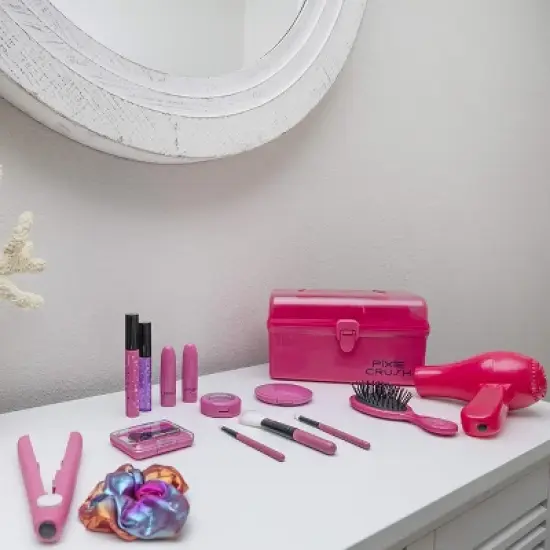 PixieCrush Kids Makeup Kit for Girls with Pretend Hair Dryer and Flat Iron image {4}