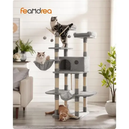 FEANDREA Cat Tree, Large Cat Tower, 64.6 Inches, Cat Activity Center with Hammock, Basket, Removable Fur Ball Sticks, Cat Condo image {1}
