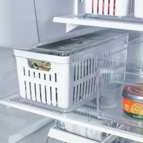 OU Fridge Organizer Bin with Drain Basket & Vented Lid, Clear Stackable Refrigerator Storage Container, Produce Kitchen Storage Bin, BPA Free, 4 Pack image {1}