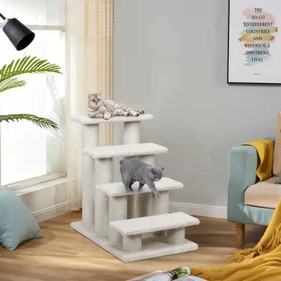 24''4-Step Pet Stairs Carpeted Ladder Ramp 8 Scratching Post Cat Tree Climber image {2}