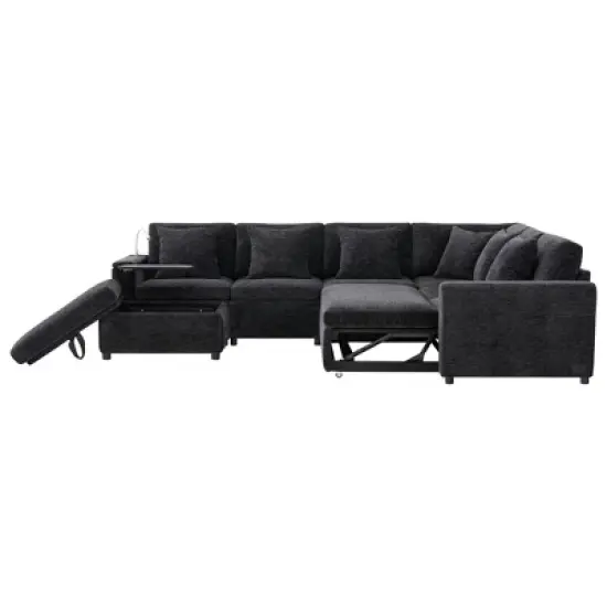 Whisen Chenille Sectional Pull-Out Sofa Bed with Flip-Up Table, Adjustable Reading Lamp, Charging Ports, Movable Storage Ottoman image {7}
