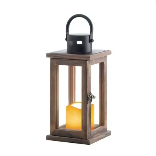 7.1" Wood Lodge Outdoor Lantern with LED Candle Brown - Zingz & Thingz: Indoor/Outdoor Votive Holder, Tabletop Display image {3}
