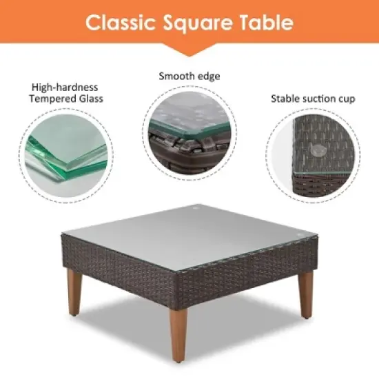 4-pieces Outdoor Wicker Sofa Set, Patio Furniture with Colorful Pillows, L-shape sofa set, Beige cushions and Brown Rattan image {3}