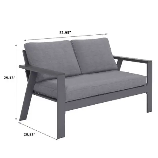 Heynemo 2-Seat Aluminum Outdoor Patio Loveseat Furniture Set With Faux Wooden, Aluminum Sofa Chair Conversation Furniture With Cushions image {4}