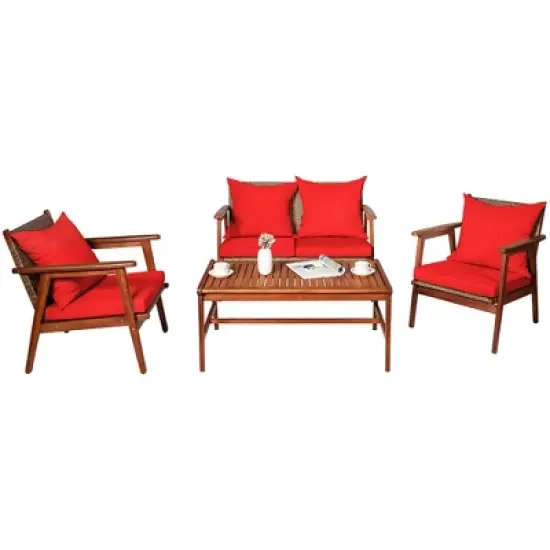 Costway 4PCS Patio Rattan Furniture Set Acacia Wood Frame Cushioned Sofa Chair image {2}