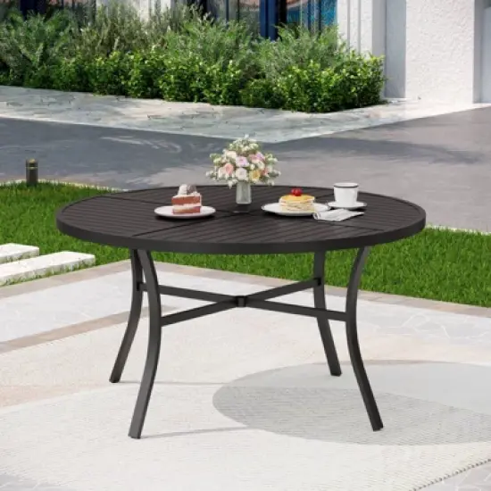 Captiva Designs 7pc Slat-top Round Steel Dining Table and Fixed Wicker Chairs with Thick Cushions image {3}