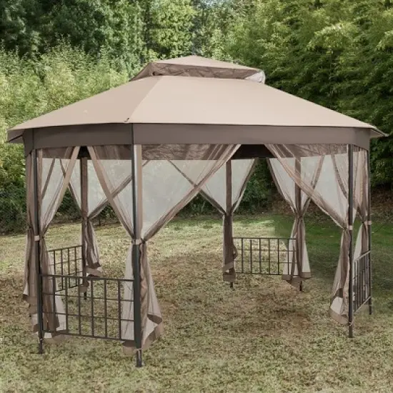 Costway 10' x 12' Octagonal Patio Gazebo Canopy Shelter Double Top W/Netting Sidewalls image {3}