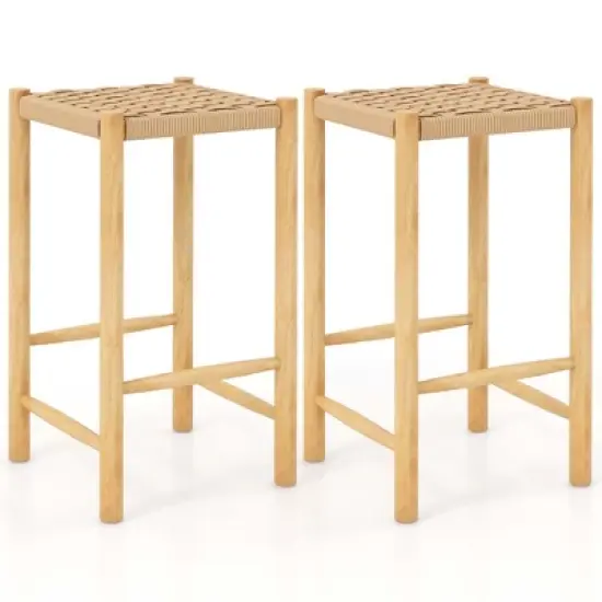 Costway 26'' Dining Bar Stool Set of 2/4 Counter Height with Rubber Wood Woven Saddle Seat image {9}