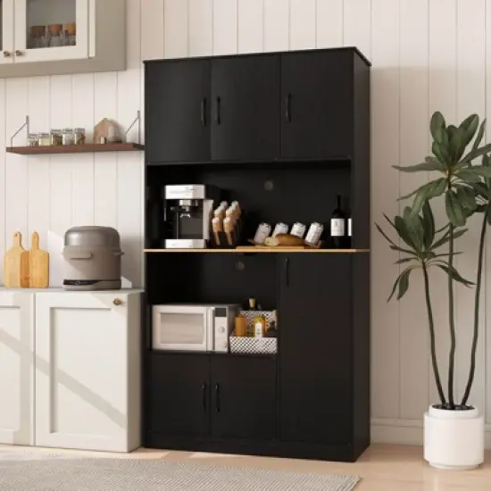 Costway 71" Tall Kitchen Pantry Cabinet with Charging Station Microwave Stand & Doors Black/White image {1}