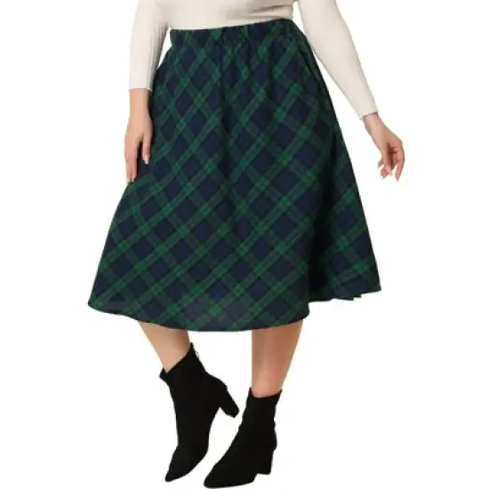 Agnes Orinda Women's Plus Size Velvet Plaid A-Line Elastic Waist Flare Skirts image {8}