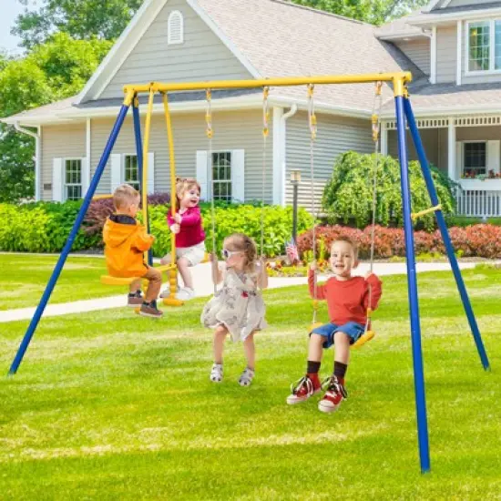 Costway Metal Swing Set for Backyard with A-frame Stand & Adjustable Hanging Ropes image {1}