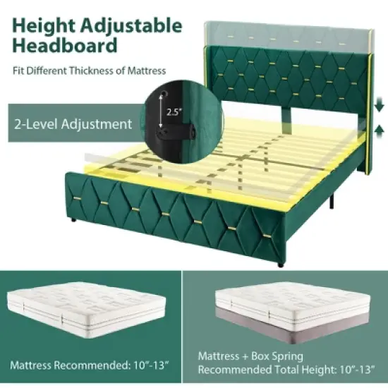Costway  Upholstered Platform Bed Frame Adjustable Headboard Footboard Modern Green image {6}