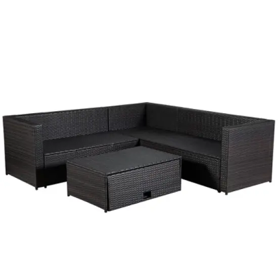 4pc Wicker Patio Sectional Seating Set with Cushions - Brown/Blue - GODEER image {11}
